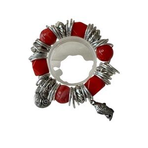 Silver and Red Beaded Charm Bracelet Boho Art to Wear‎ Chunky
